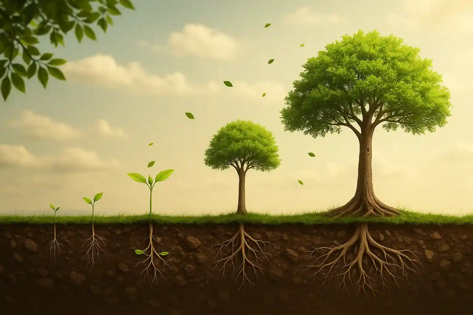 Ilustración de un árbol creciendo desde la semilla hasta dar sombra, simbolizando el crecimiento emprendedor con propósito en el blog Be MEE