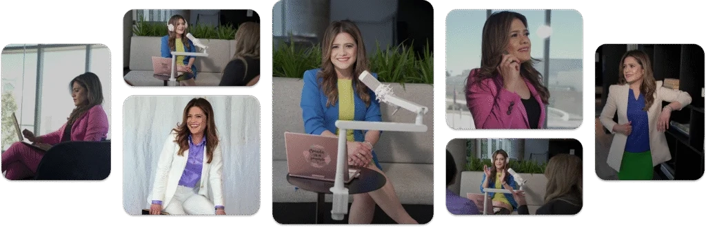 Collage de imágenes de MEE Podcast mostrando entrevistas y a su conductora compartiendo conversaciones inspiradoras sobre crecimiento personal, propósito y liderazgo.