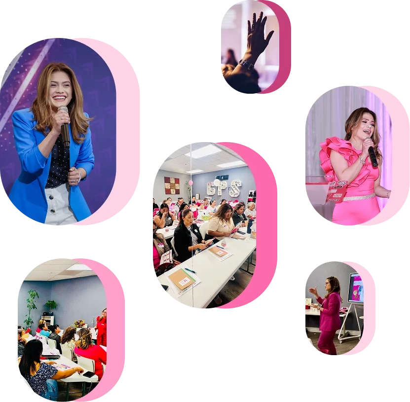 Collage de imágenes de Be MEE Comunidad con charlas, talleres y momentos de inspiración, mostrando liderazgo transformador y crecimiento colectivo en un espacio de apoyo.