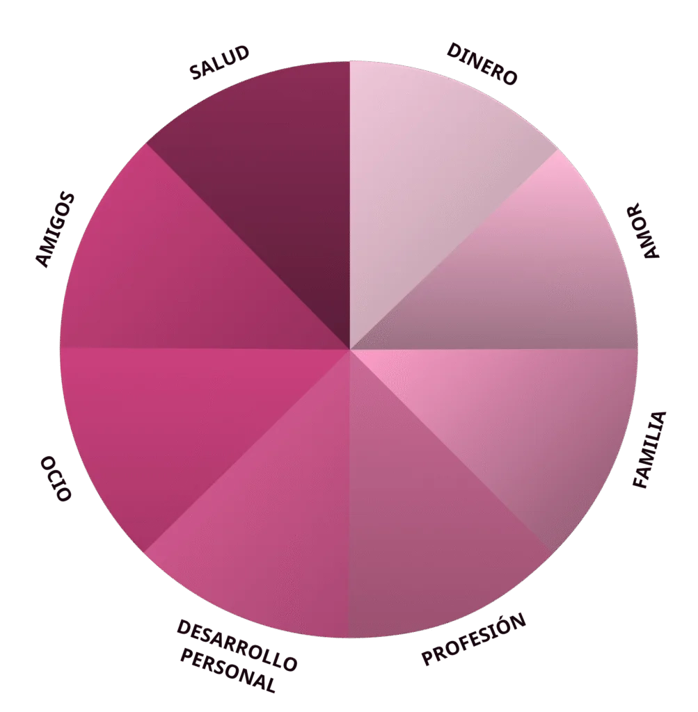 ráfico circular de la Rueda de la Vida en Be MEE mostrando áreas de salud, dinero, amor, familia, profesión, desarrollo personal, ocio y amigos para evaluar el equilibrio y bienestar.